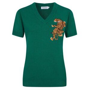 NWT OXKNIT 3X Vintage Inspired Women's Knit V-Neck Top with Embroidered Tiger